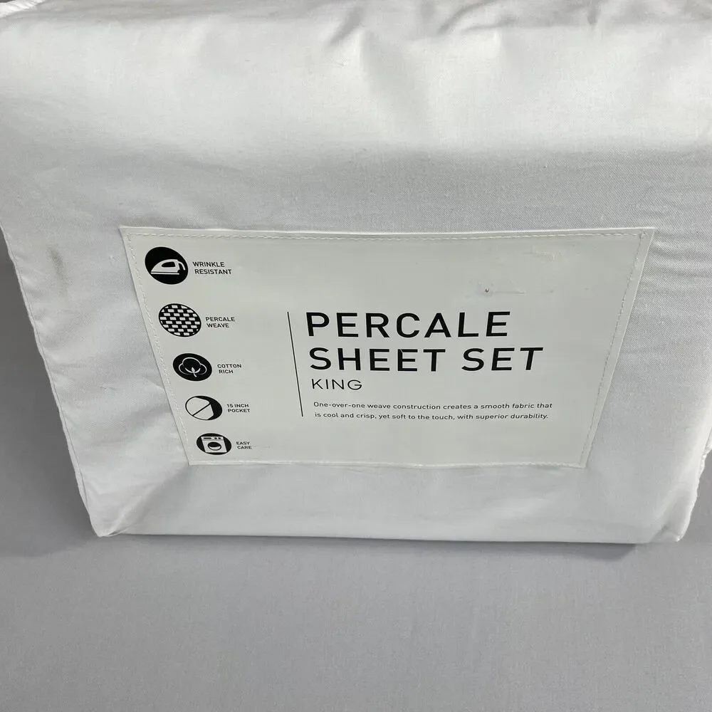 AQ Textiles Percale Solid 4-Pc. Sheet Set, King, White New In Original Package